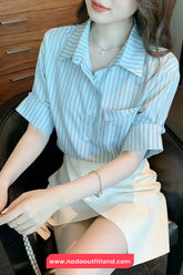 Short Sleeve Striped Pattern Office Blouse Shirt