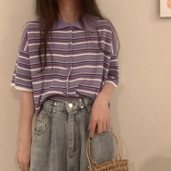 Loose Turn Down Knitted Striped Shirt