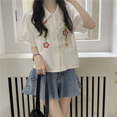 Short Sleeve Flower Embroidered Blouse Shirt