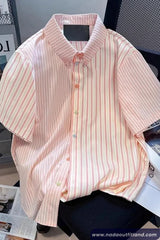 Short Sleeve Stars Button Pink Striped Blouse Shirt