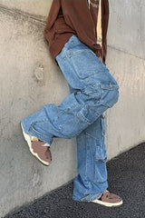 Cargo Multi Pockets Straight Blue Long Pants