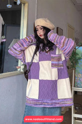 Long Sleeve Turn Down Collar Knitted Purple Plaid Sweater