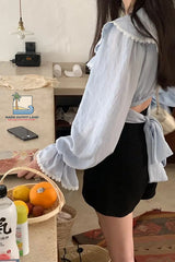 Flare Sleeve Sweet Lace Bandage Slim Blouse Shirt