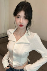 Lapel Collar Lace Patchwork Cropped Back Tie Shirt