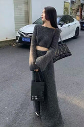 2 Piece Sexy Slash Neck Sweater With Long Knitted Skirts