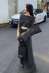 2 Piece Sexy Slash Neck Sweater With Long Knitted Skirts