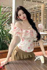 Sexy Lace Patchwork Floral Pattern Slash Neck Cropped Shirt