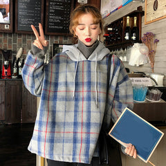 Fake Two Piece Plaid Hooded Turtleneck Sweater