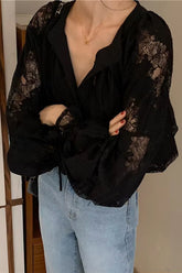 Long Sleeve Loose V-Neck Lace Blouse Shirt