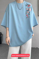 Loose Flower Embroidered Half Sleeve Shirts