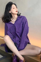 Long Sleeve Retro Purple Striped Casual Blouse Shirt