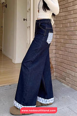 High Waist Bow Plaid Patchwork Jeans Pants