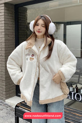 Loose Stand Neck Cute Bear Embroidered Zipper Jacket