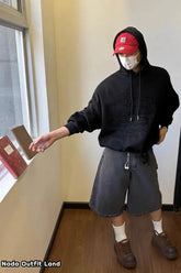 Vintage Knee Length Washed Black Denim Shorts