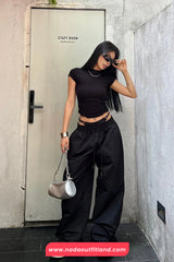 Drawstring Elastic Waist Wide Leg Cargo Jogger Sweatpants