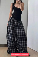 Loose Oversize Plaid Pattern Wide Leg Pants