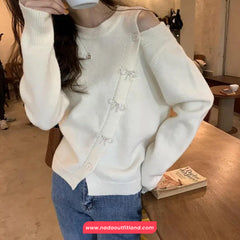 Long Sleeve Off Shoulder Bow Pins Sweater