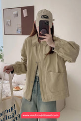 Long Sleeve Turn Down Collar Cargo Pockets Jacket