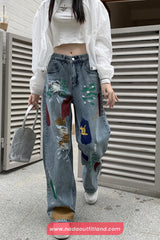 Loose Ripped Style Graffiti Colors Jeans Pants