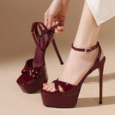 Designer Wine Red Patent Leather Ankle Strap Women Sexy 14CM Sandals