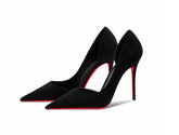 Black suede pointed high heels