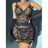 Sexy Chemise Dress Black See Through Lingerie with Garter Belt Hot Mature Sleepwear