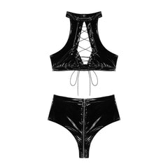 Womens Black Bodysuit Crotchless Sexy Leather Lingerie Latex Teddy