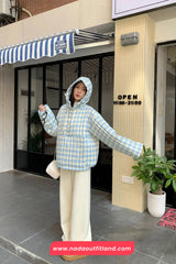Long Sleeve Blue Plaid Hooded Puffer Coat Jacket
