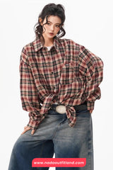 Loose Long Sleeve Retro Plaid Pattern Blouse Shirt