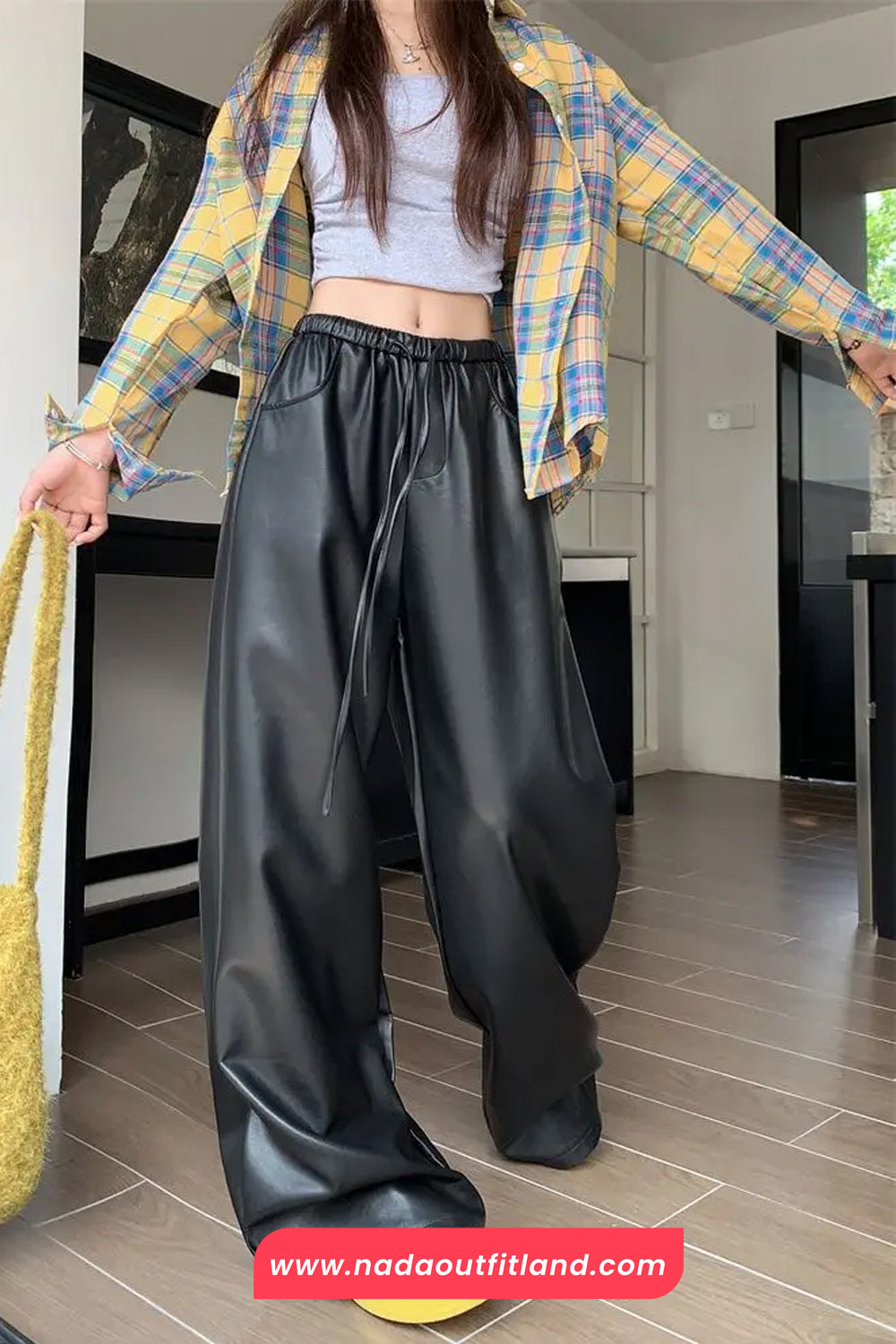 High Waist Loose Elastic Black Leather Women Pants
