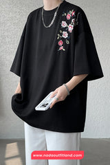 Loose Flower Embroidered Half Sleeve Shirts