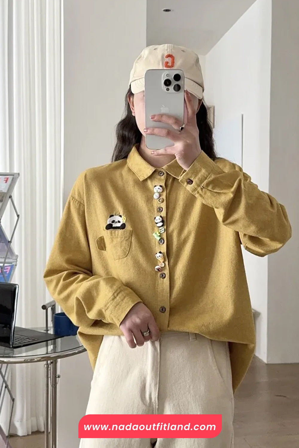 Long Sleeve Cute Panda Embroidered Button Blouse Shirt