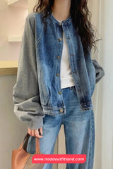 Loose O-Neck Denim Patchwork Sweatshirt