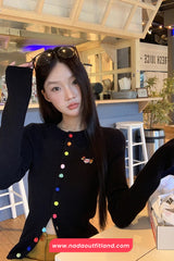 Long Sleeve Cute Dog Embroidered Colorful Buttons Cardigan Sweater