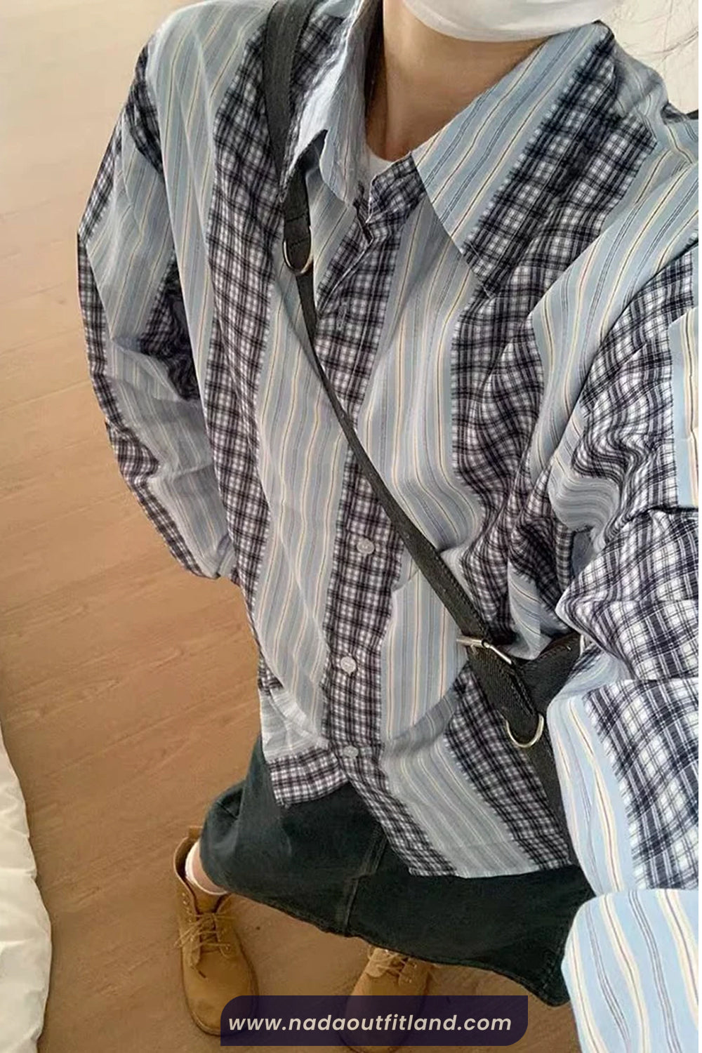 Long Sleeve Retro Striped And Plaid Combination Blouse Shirt