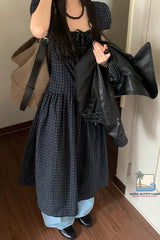 Vintage Puff Sleeve Plaid Pattern Long Bandage Dress