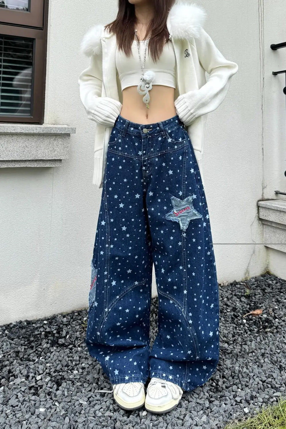 Loose Retro Stars Pattern Patchwork Washed Blue Jeans Pants