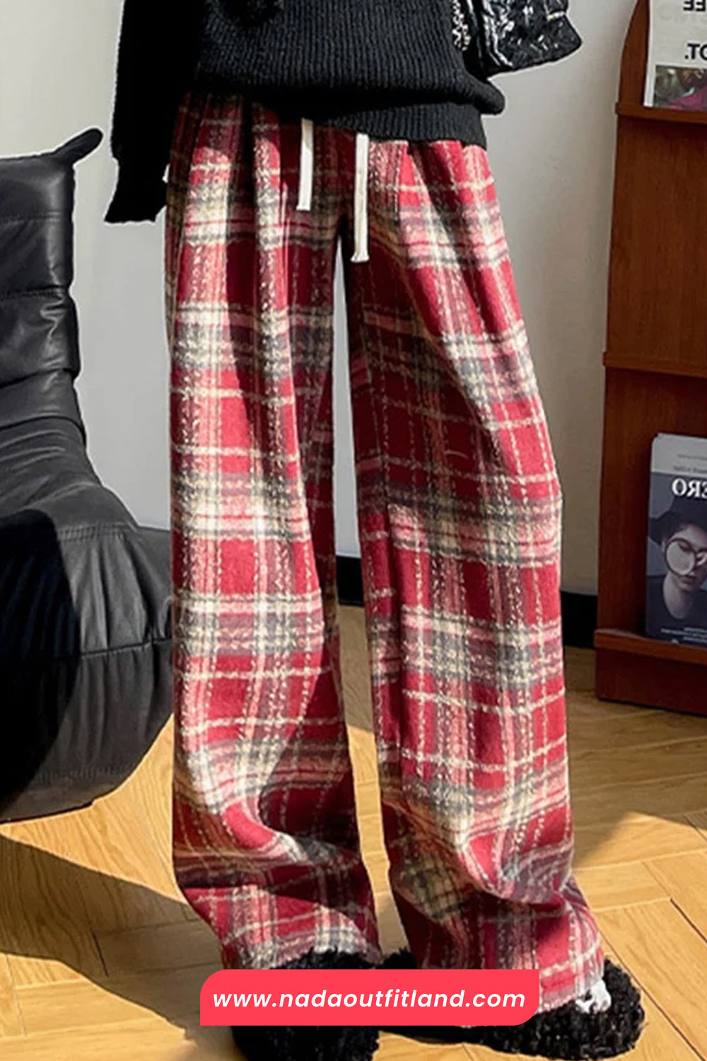 High Waist Retro Thicken Plaid Fleece Long Pants