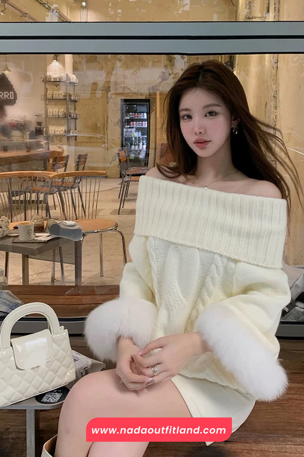 Long Sleeve Faux Fur Knitted Off Shoulder Sweater