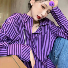 Long Sleeve Retro Purple Striped Casual Blouse Shirt