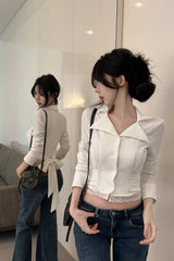 Lapel Collar Lace Patchwork Cropped Back Tie Shirt