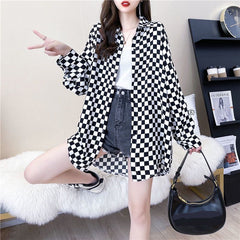 Long Sleeve Casual Chess Plaid Blouse Shirt