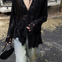 Long Sleeve Sexy Hollow Out Lace Blouse Shirt