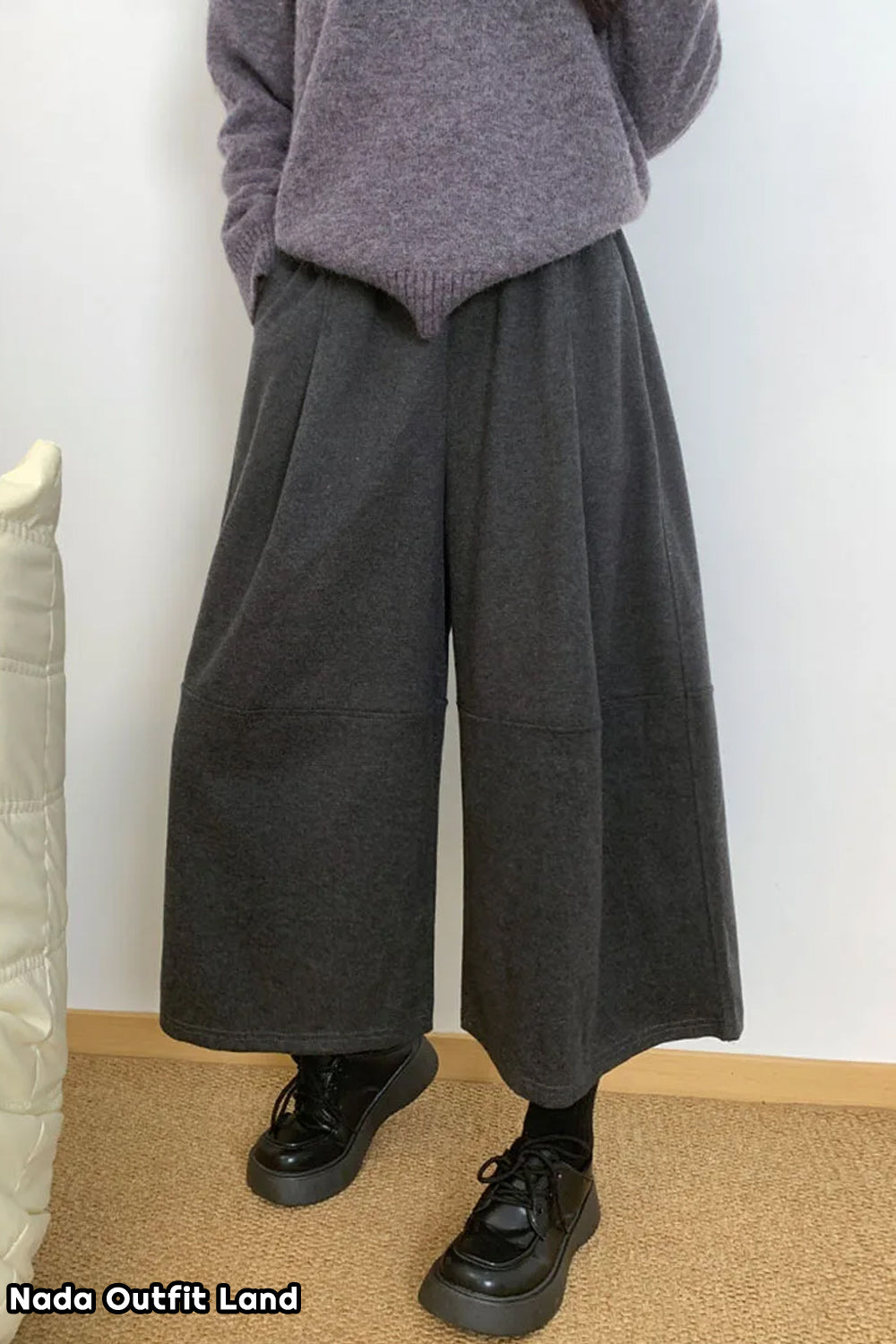 High Waist Knee Length Vintage Woolen Pants