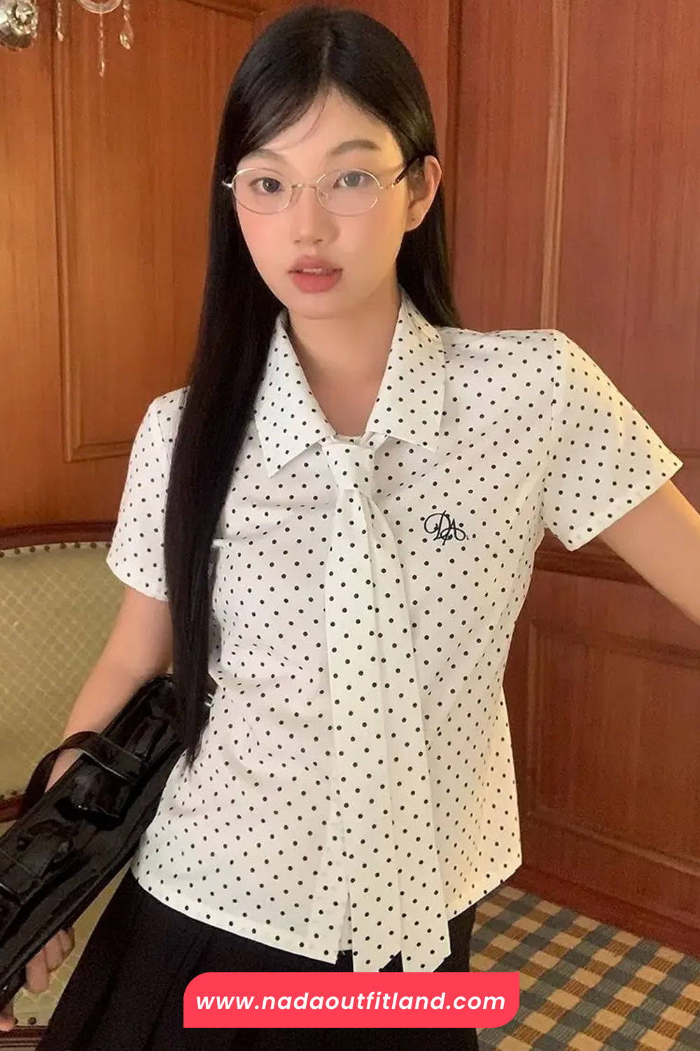 Short Sleeve Full Polka Dots Pattern Tie Blouse Shirt