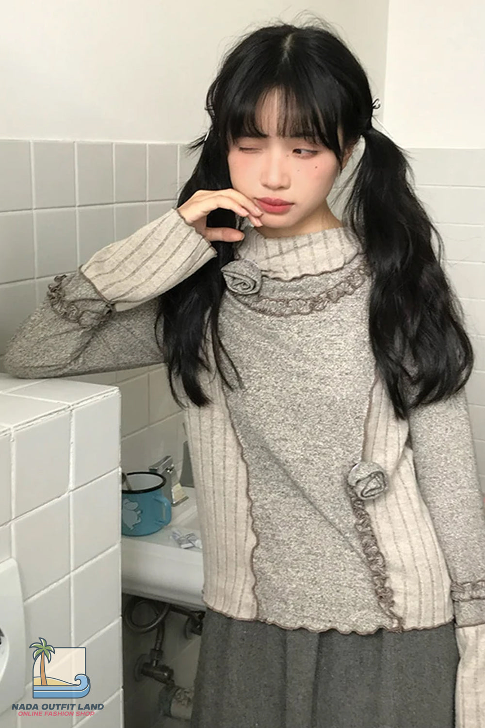 Long Sleeve 3D Flowers Vintage Ruffles Sweater