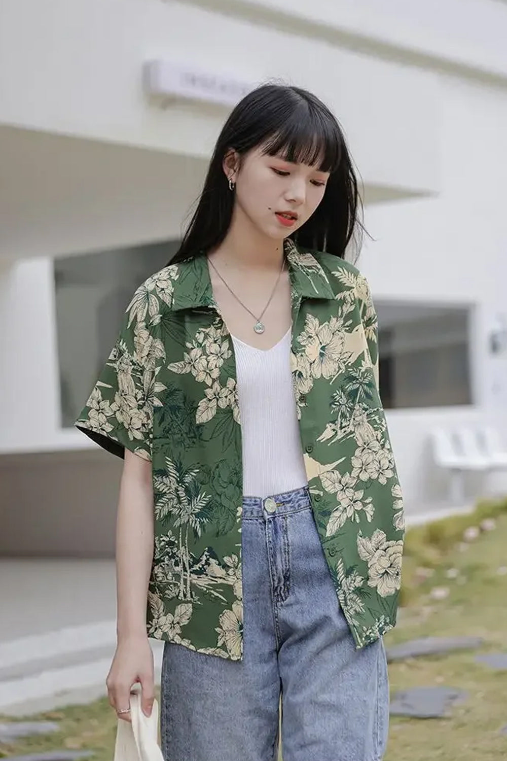 Short Sleeve Green Floral Printed Blouse Shirt