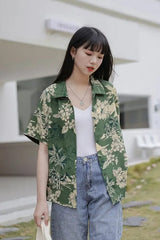 Short Sleeve Green Floral Printed Blouse Shirt