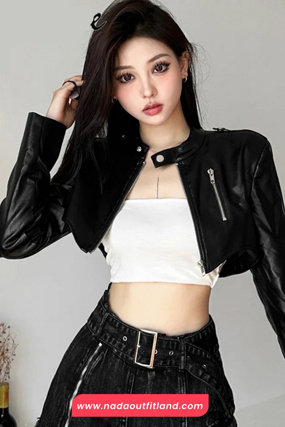 Long Sleeve Classic Cropped Leather Black Jacket