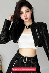 Long Sleeve Classic Cropped Leather Black Jacket